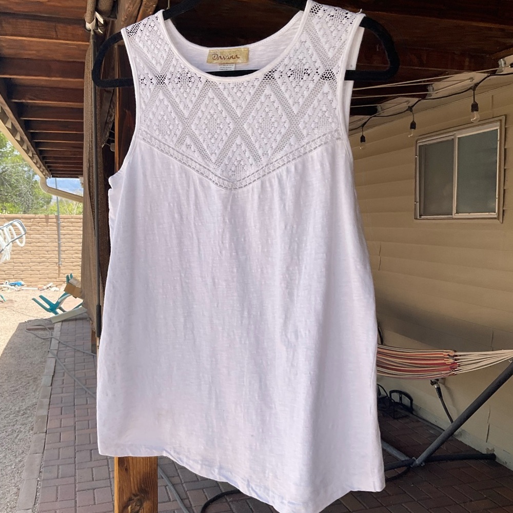 Casual White Crochet Yoke Tank Top by Daniel Rainn